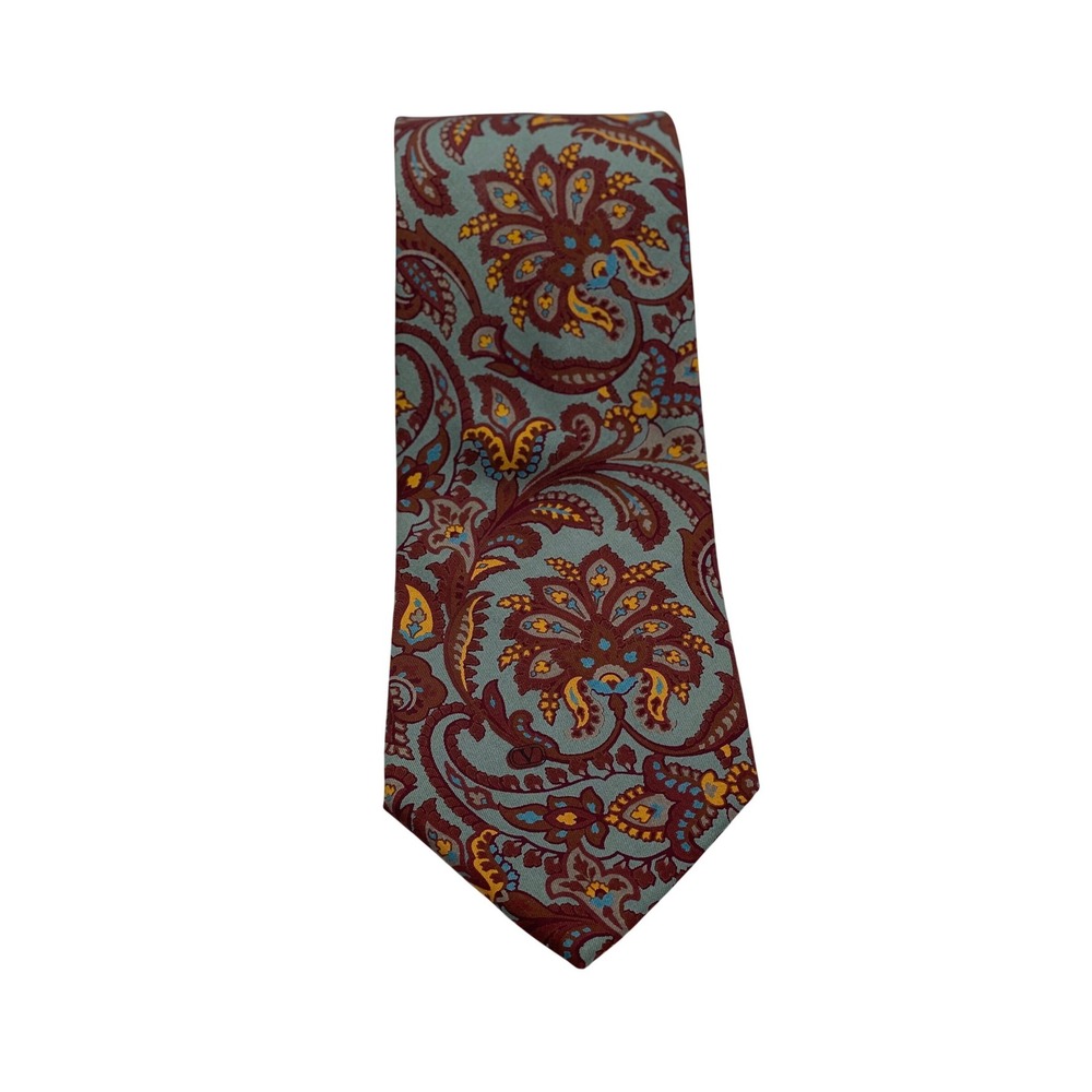 Valentino Cravatte Silk Tie Mens Paisley Floral Teal Burgundy Made‎ in Italy
